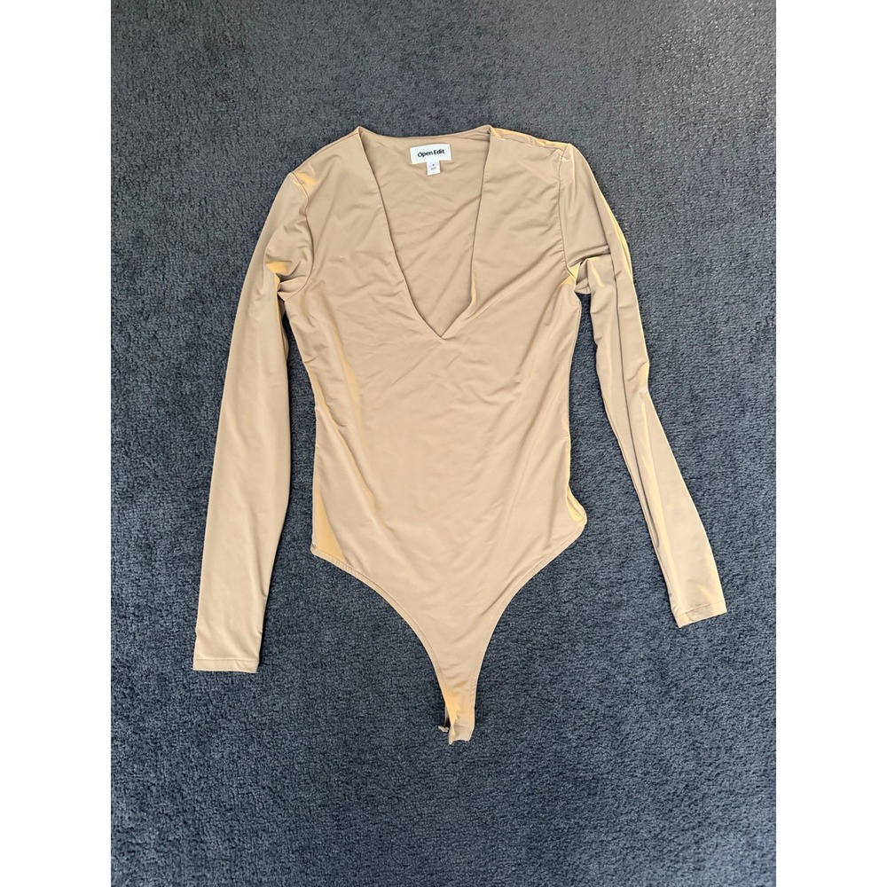 Open Edit Womens Tan Long Sleeve Deep V-Neck Thong Bodysuit Small